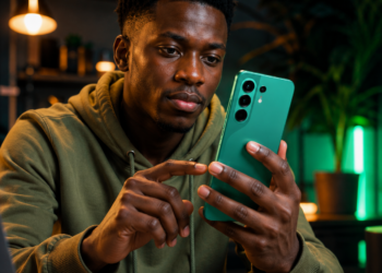 Android 17 est officiel : quels smartphones TECNO, Infinix et itel ont le plus de chances d'être mis à jour ? 61 Utilisateur africain consultant un smartphone TECNO CAMON 50 dans une ambiance high-tech moderne inspirée d'Android 17.