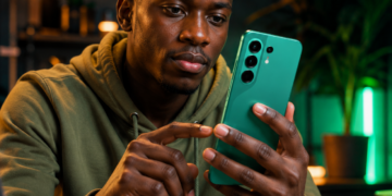 Utilisateur africain consultant un smartphone TECNO CAMON 50 dans une ambiance high-tech moderne inspirée d'Android 17.