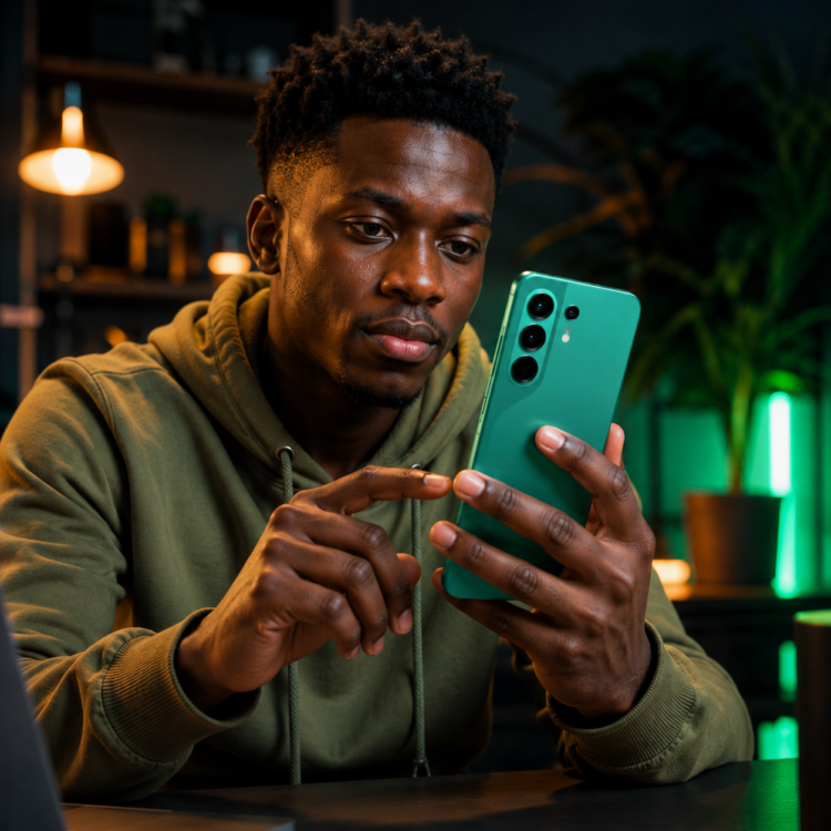 Android 17 est officiel : quels smartphones TECNO, Infinix et itel ont le plus de chances d'être mis à jour ? 61 Utilisateur africain consultant un smartphone TECNO CAMON 50 dans une ambiance high-tech moderne inspirée d'Android 17.