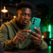 Android 17 est officiel : quels smartphones TECNO, Infinix et itel ont le plus de chances d'être mis à jour ? 68 Utilisateur africain consultant un smartphone TECNO CAMON 50 dans une ambiance high-tech moderne inspirée d'Android 17.