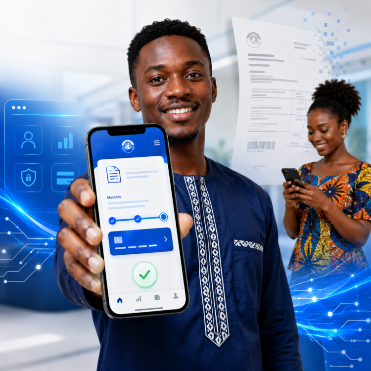 Jeune homme africain présentant un smartphone affichant une interface de paiement numérique inspirée d'eBill de CAMTEL, tandis qu'une femme consulte son téléphone en arrière-plan dans un environnement technologique moderne.