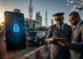Un smartphone affichant un cadenas numérique est tenu au premier plan, tandis qu'un agent en uniforme et un expert analysent des données sur une tablette dans une ville africaine moderne équipée d'infrastructures télécoms.