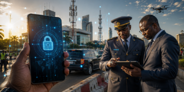 Un smartphone affichant un cadenas numérique est tenu au premier plan, tandis qu'un agent en uniforme et un expert analysent des données sur une tablette dans une ville africaine moderne équipée d'infrastructures télécoms.