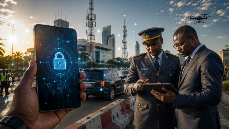 Un smartphone affichant un cadenas numérique est tenu au premier plan, tandis qu'un agent en uniforme et un expert analysent des données sur une tablette dans une ville africaine moderne équipée d'infrastructures télécoms.