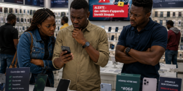 Contrôle IMEI : Orange et MTN sommés de suspendre les appareils non dédouanés 1 Des clients africains consultent un smartphone dans une boutique de téléphonie moderne tandis qu'un écran d'alerte lié au contrôle des IMEI est visible en arrière-plan.