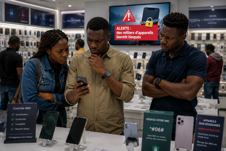 Des clients africains consultent un smartphone dans une boutique de téléphonie moderne tandis qu'un écran d'alerte lié au contrôle des IMEI est visible en arrière-plan.