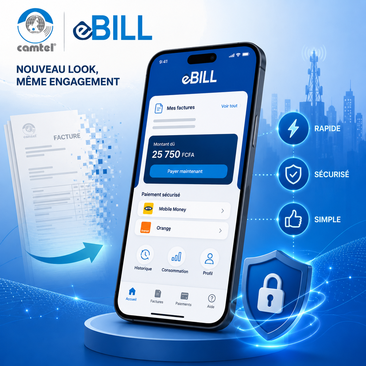 Illustration représentant la plateforme eBill de CAMTEL sur smartphone avec paiement via Mobile Money, symbolisant la transition vers la facturation numérique et les enjeux de fiabilité des services en ligne.
