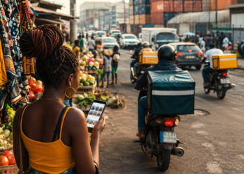 Une consommatrice camerounaise consulte une application de commerce électronique sur son smartphone près d'un marché local animé, tandis que des motos de livraison circulent dans une rue urbaine évoquant les défis logistiques du e-commerce en Afrique.