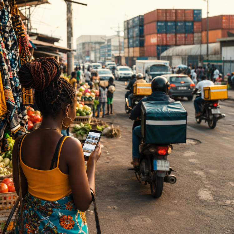 Une consommatrice camerounaise consulte une application de commerce électronique sur son smartphone près d'un marché local animé, tandis que des motos de livraison circulent dans une rue urbaine évoquant les défis logistiques du e-commerce en Afrique.