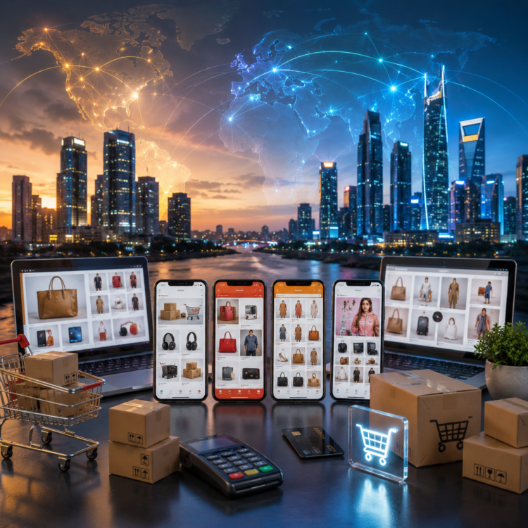 Illustration représentant les principaux acteurs mondiaux du commerce électronique, avec smartphones, ordinateurs, colis et infrastructures numériques symbolisant la compétition entre les écosystèmes technologiques américains et chinois ainsi que les opportunités pour l'Afrique.
