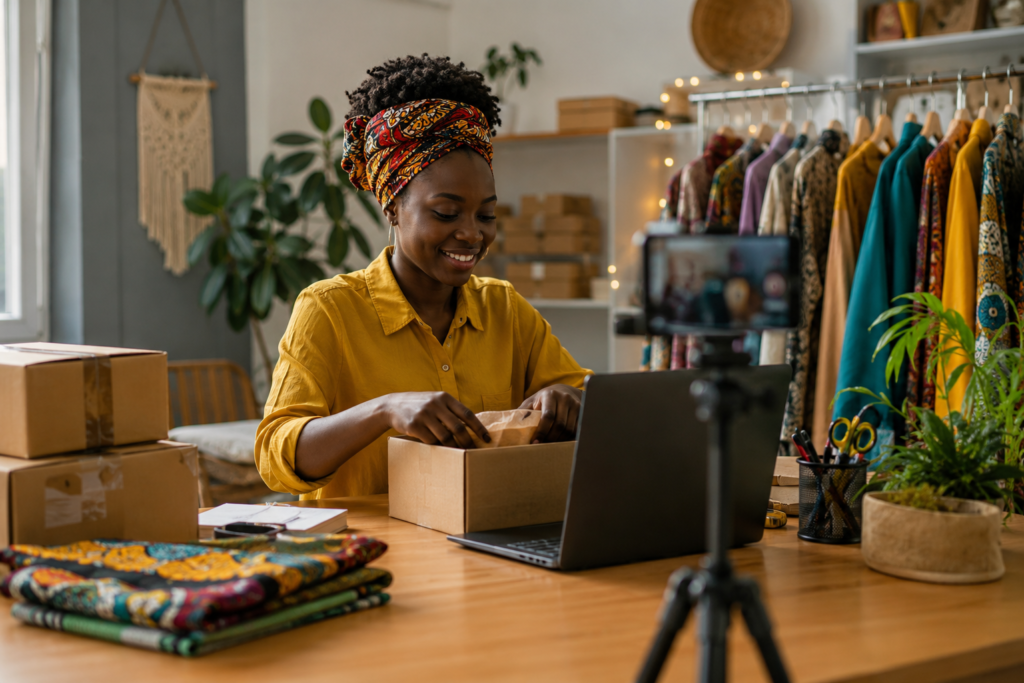 Une entrepreneure africaine prépare des colis dans son atelier tout en utilisant un ordinateur portable, illustrant l'essor du commerce en ligne et des petites entreprises numériques en Afrique.