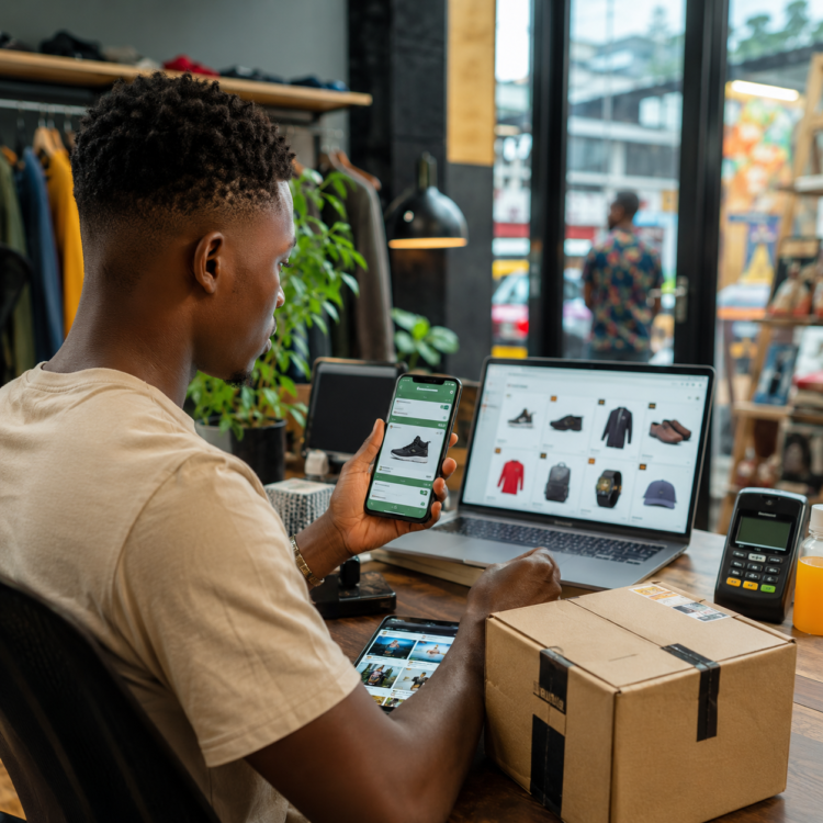 Jeune Camerounais réalisant des achats en ligne via smartphone, illustrant l'essor du e-commerce, de WhatsApp et du Mobile Money au Cameroun.
