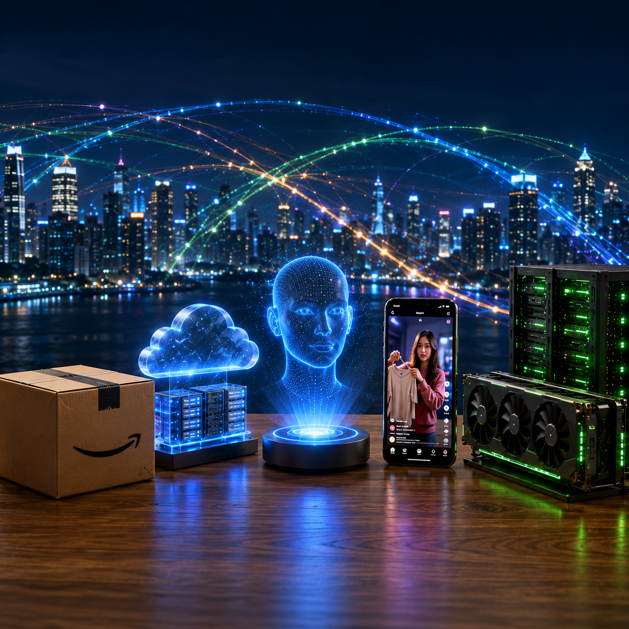 Illustration des cinq grands empires technologiques du XXIe siècle symbolisant le commerce électronique, l'intelligence artificielle, le cloud et les infrastructures numériques.