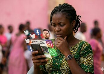 Une jeune femme camerounaise pensive regarde son smartphone, entourée d'icônes de réseaux sociaux en lévitation affichant un démenti sur la mort du père de Lionel Messi avec le portrait du joueur.