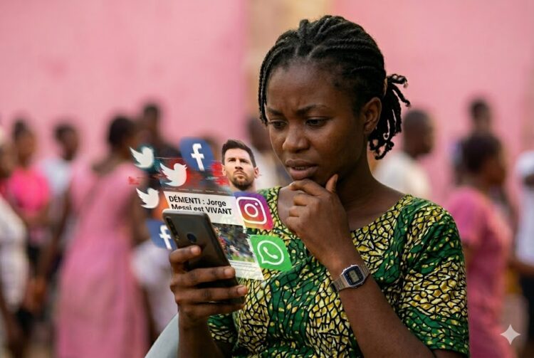 Une jeune femme camerounaise pensive regarde son smartphone, entourée d'icônes de réseaux sociaux en lévitation affichant un démenti sur la mort du père de Lionel Messi avec le portrait du joueur.