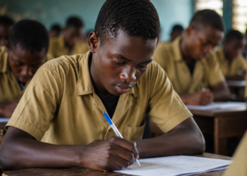 Jeune candidat africain composant dans une salle d'examen, illustration des enjeux liés aux fuites d'épreuves aux examens du GCE 2026 au Cameroun.
