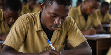 Jeune candidat africain composant dans une salle d'examen, illustration des enjeux liés aux fuites d'épreuves aux examens du GCE 2026 au Cameroun.