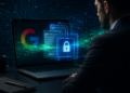 Illustration d'un ordinateur affichant des données confidentielles liées à Google avec des éléments de cybersécurité et un professionnel observant l'écran.