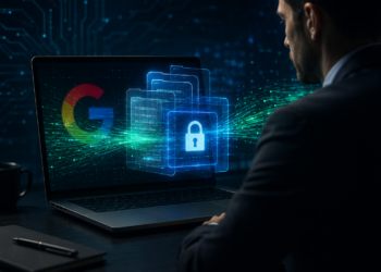 Illustration d'un ordinateur affichant des données confidentielles liées à Google avec des éléments de cybersécurité et un professionnel observant l'écran.