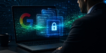 Illustration d'un ordinateur affichant des données confidentielles liées à Google avec des éléments de cybersécurité et un professionnel observant l'écran.