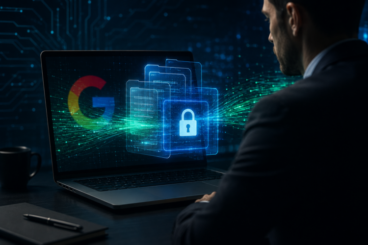 Illustration d'un ordinateur affichant des données confidentielles liées à Google avec des éléments de cybersécurité et un professionnel observant l'écran.