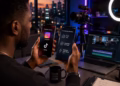 Dans un studio de création de contenu moderne, un créateur compare un iPhone et un smartphone Android haut de gamme. Une illustration qui symbolise le débat entre la domination d'Apple sur les réseaux sociaux et les innovations technologiques d'Android.
