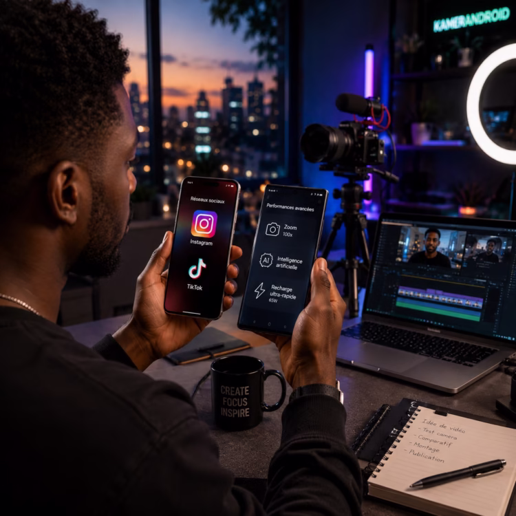 Dans un studio de création de contenu moderne, un créateur compare un iPhone et un smartphone Android haut de gamme. Une illustration qui symbolise le débat entre la domination d'Apple sur les réseaux sociaux et les innovations technologiques d'Android.