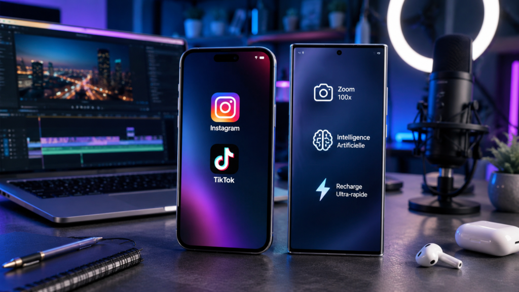 Illustration représentant un iPhone et un smartphone Android haut de gamme dans un environnement de création de contenu. Une image qui symbolise le débat entre la domination d'Apple sur les réseaux sociaux et les avancées technologiques d'Android.