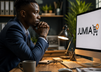 Professionnel africain observant le logo Jumia sur un écran d'ordinateur dans un bureau moderne, illustrant les enjeux du commerce électronique en Afrique.