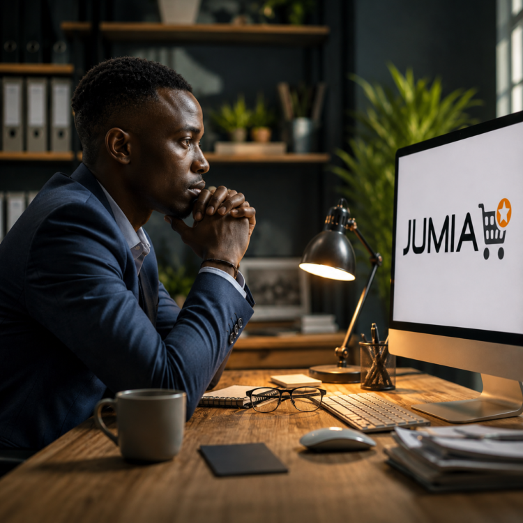 Professionnel africain observant le logo Jumia sur un écran d'ordinateur dans un bureau moderne, illustrant les enjeux du commerce électronique en Afrique.