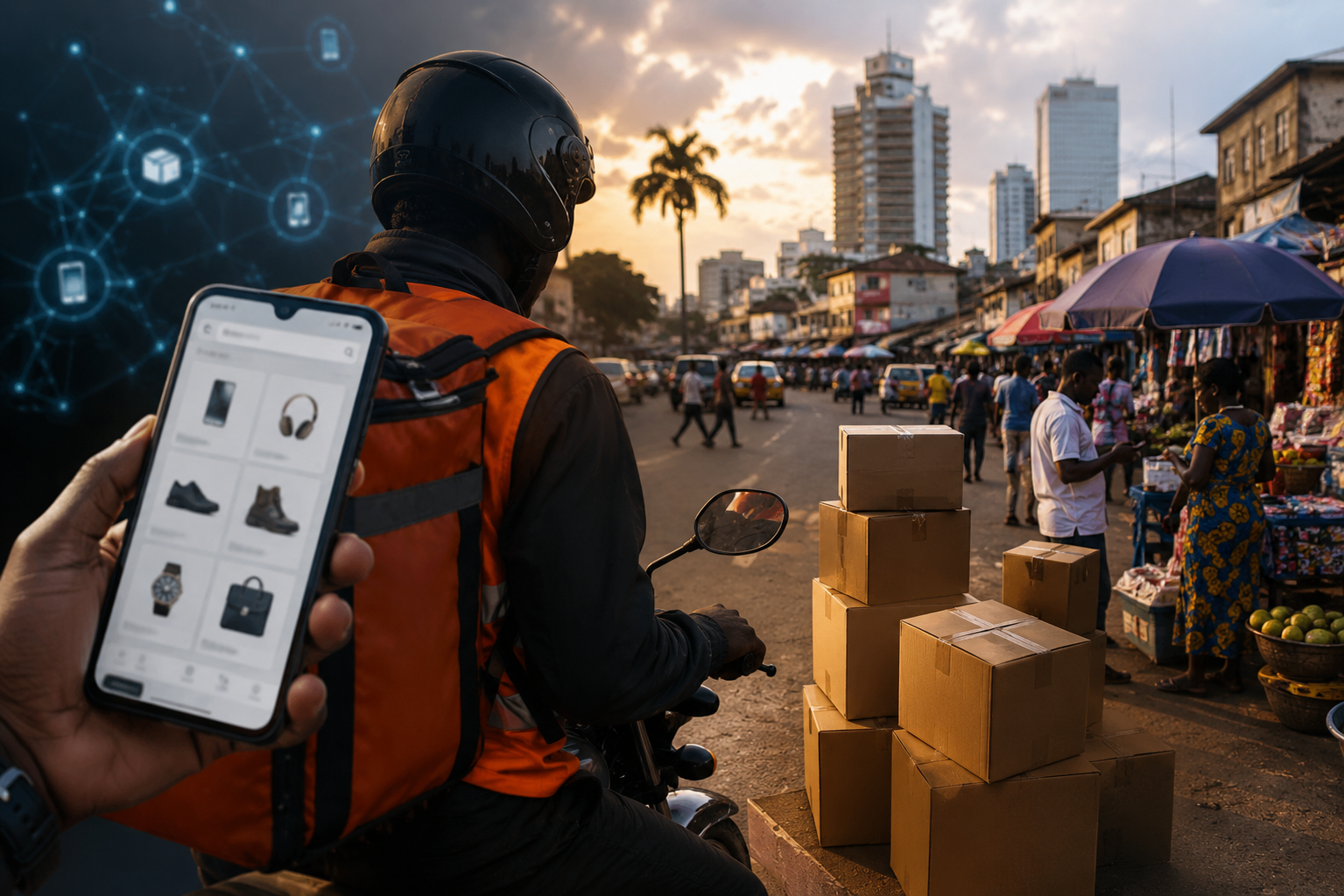 Livreur e-commerce avec colis et smartphone dans une rue urbaine africaine animée, illustrant l'évolution du commerce en ligne et la concurrence des marchés traditionnels au Cameroun.