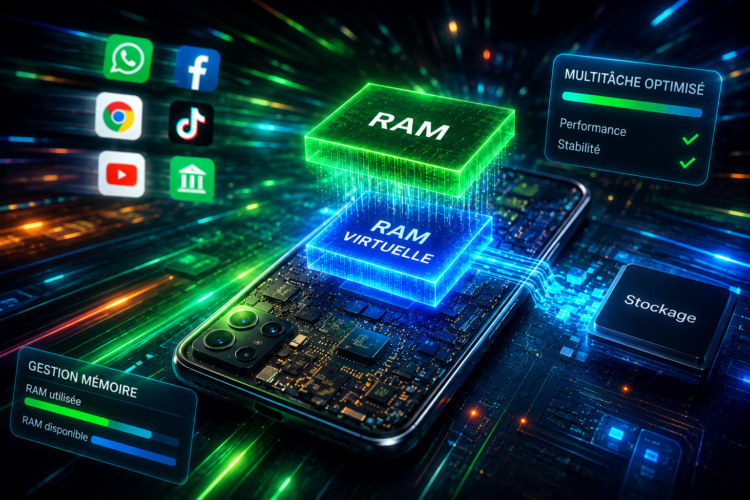 Illustration 3D d’un smartphone Android montrant le fonctionnement de la RAM virtuelle et de la gestion mémoire avancée pour améliorer le multitâche et la fluidité des applications.