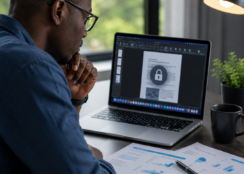 Utilisateur africain travaillant sur un MacBook affichant un document Office en mode lecture seule, illustrant le passage d'Office 2019 pour Mac en mode limité après l'expiration d'un certificat de licence.