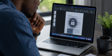 Utilisateur africain travaillant sur un MacBook affichant un document Office en mode lecture seule, illustrant le passage d'Office 2019 pour Mac en mode limité après l'expiration d'un certificat de licence.