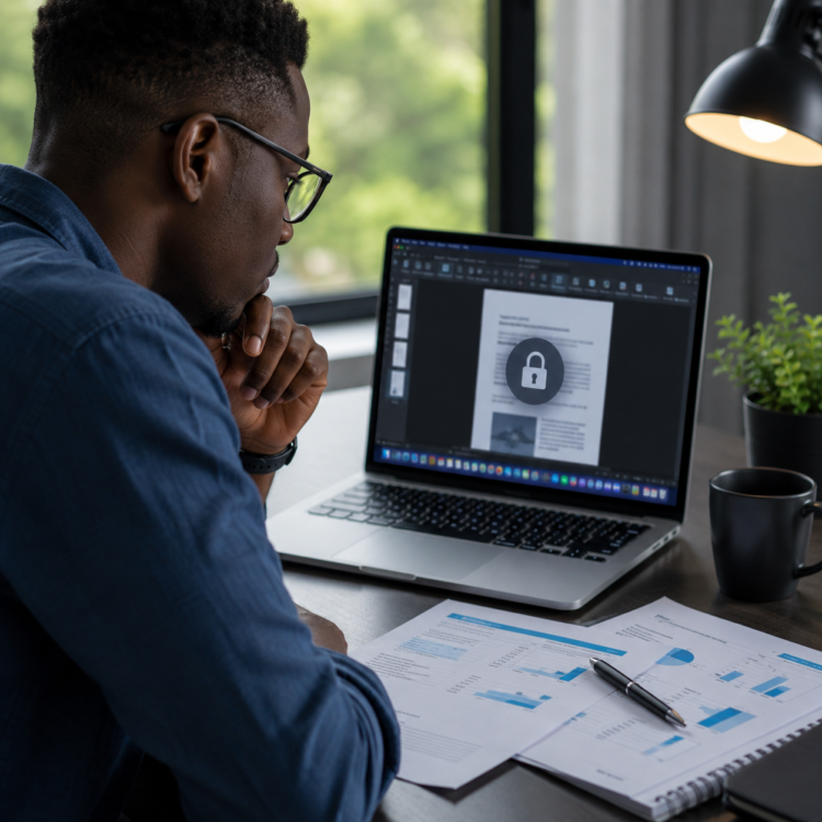 Utilisateur africain travaillant sur un MacBook affichant un document Office en mode lecture seule, illustrant le passage d'Office 2019 pour Mac en mode limité après l'expiration d'un certificat de licence.