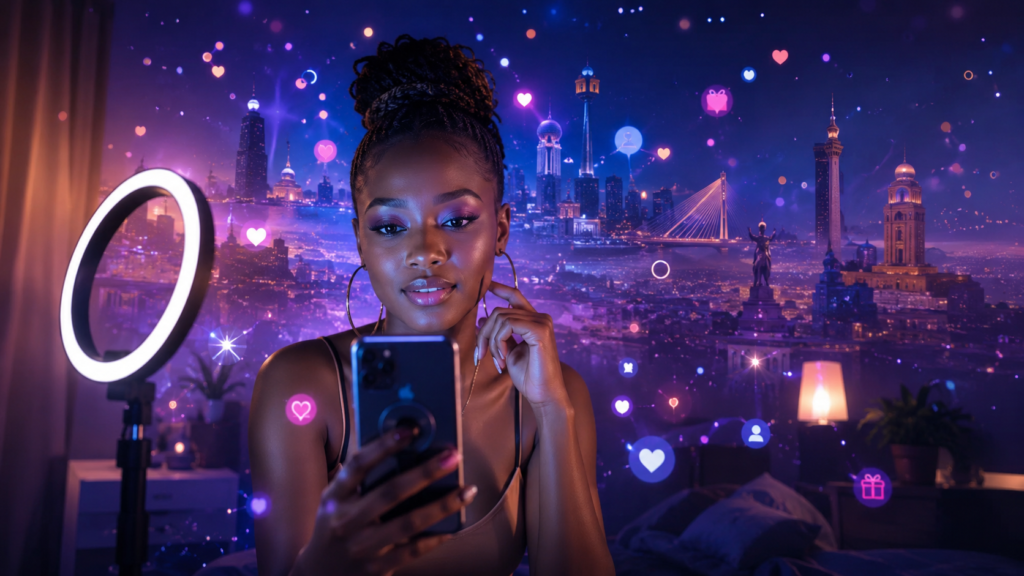 Jeune femme africaine utilisant son smartphone devant un anneau lumineux dans une chambre moderne, entourée d'éléments numériques symbolisant les réseaux sociaux, l'économie de l'attention et la monétisation de l'image en Afrique.