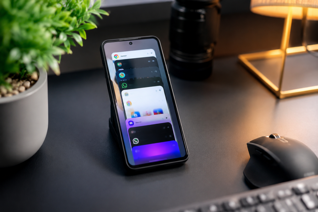 Smartphone Android affichant plusieurs applications en multitâche sur un bureau moderne, illustrant la RAM virtuelle et l'optimisation mémoire sous Android.