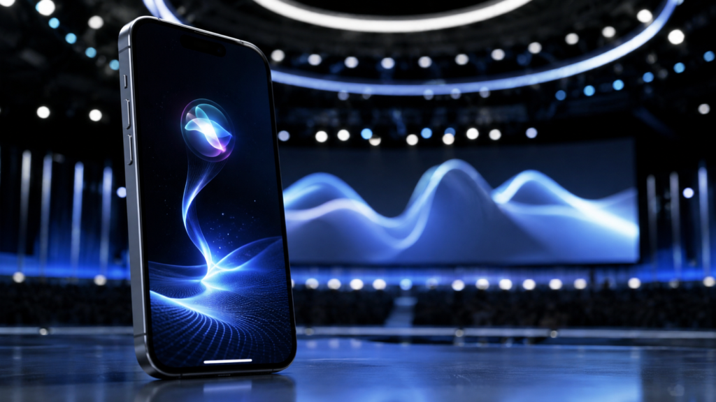 Illustration d’un iPhone affichant une interface d’intelligence artificielle futuriste lors d’une keynote technologique inspirée de la WWDC 2026, symbolisant la collaboration entre Apple et Google autour de Siri AI et Gemini.