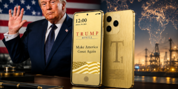 Donald Trump aux côtés du smartphone Trump Mobile T1, un appareil doré présenté comme un symbole de souveraineté industrielle américaine dans un contexte de débat sur l'origine de ses composants.