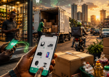 Illustration réaliste représentant le développement du e-commerce au Cameroun avec un smartphone affichant une boutique en ligne, des colis, des paiements mobiles, des motos de livraison et une ville africaine moderne en arrière-plan.