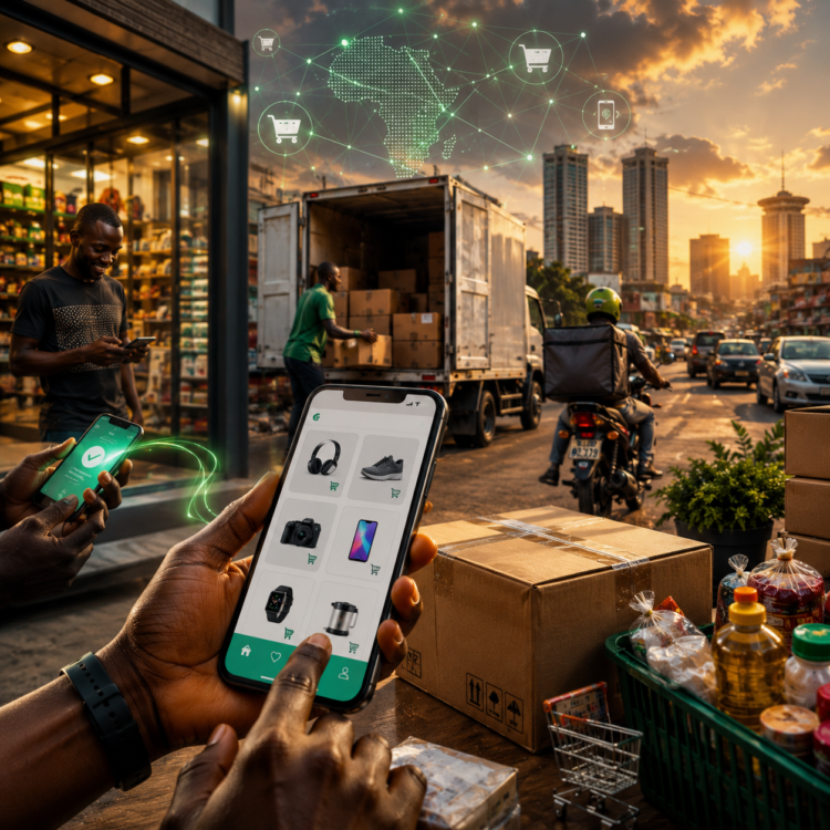 De Wandashop à GLOTELHO : l'histoire méconnue du e-commerce au Cameroun 61 Illustration réaliste représentant le développement du e-commerce au Cameroun avec un smartphone affichant une boutique en ligne, des colis, des paiements mobiles, des motos de livraison et une ville africaine moderne en arrière-plan.