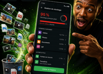 Illustration d'un smartphone Android affichant un stockage WhatsApp presque saturé, avec des photos, vidéos, PDF et GIF supprimés pour libérer de l'espace sur le téléphone.