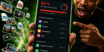 Illustration d'un smartphone Android affichant un stockage WhatsApp presque saturé, avec des photos, vidéos, PDF et GIF supprimés pour libérer de l'espace sur le téléphone.