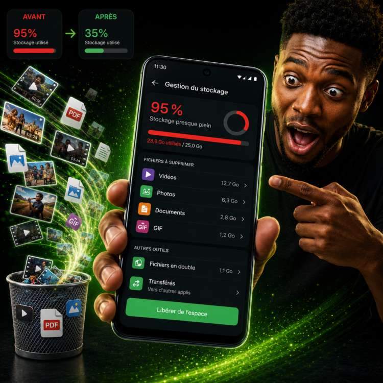 Illustration d'un smartphone Android affichant un stockage WhatsApp presque saturé, avec des photos, vidéos, PDF et GIF supprimés pour libérer de l'espace sur le téléphone.