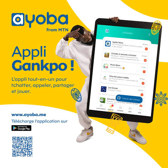 Ayoba : de 35 millions d'utilisateurs à la fermeture, pourquoi MTN a retiré son « WhatsApp africain » du Google Play Store 62 Affiche officielle d'Ayoba montrant l'interface de la super application de MTN avec ses fonctionnalités de messagerie, chaînes d'information, musique et Mini Apps, avant son retrait du Google Play Store.