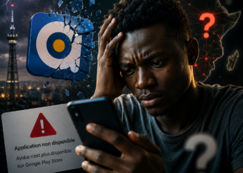 Illustration d'un utilisateur africain inquiet devant la disparition d'Ayoba du Google Play Store, avec le logo de l'application brisé en arrière-plan, symbolisant la fin de la messagerie de MTN.