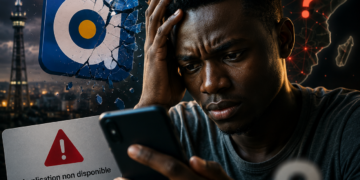 Illustration d'un utilisateur africain inquiet devant la disparition d'Ayoba du Google Play Store, avec le logo de l'application brisé en arrière-plan, symbolisant la fin de la messagerie de MTN.