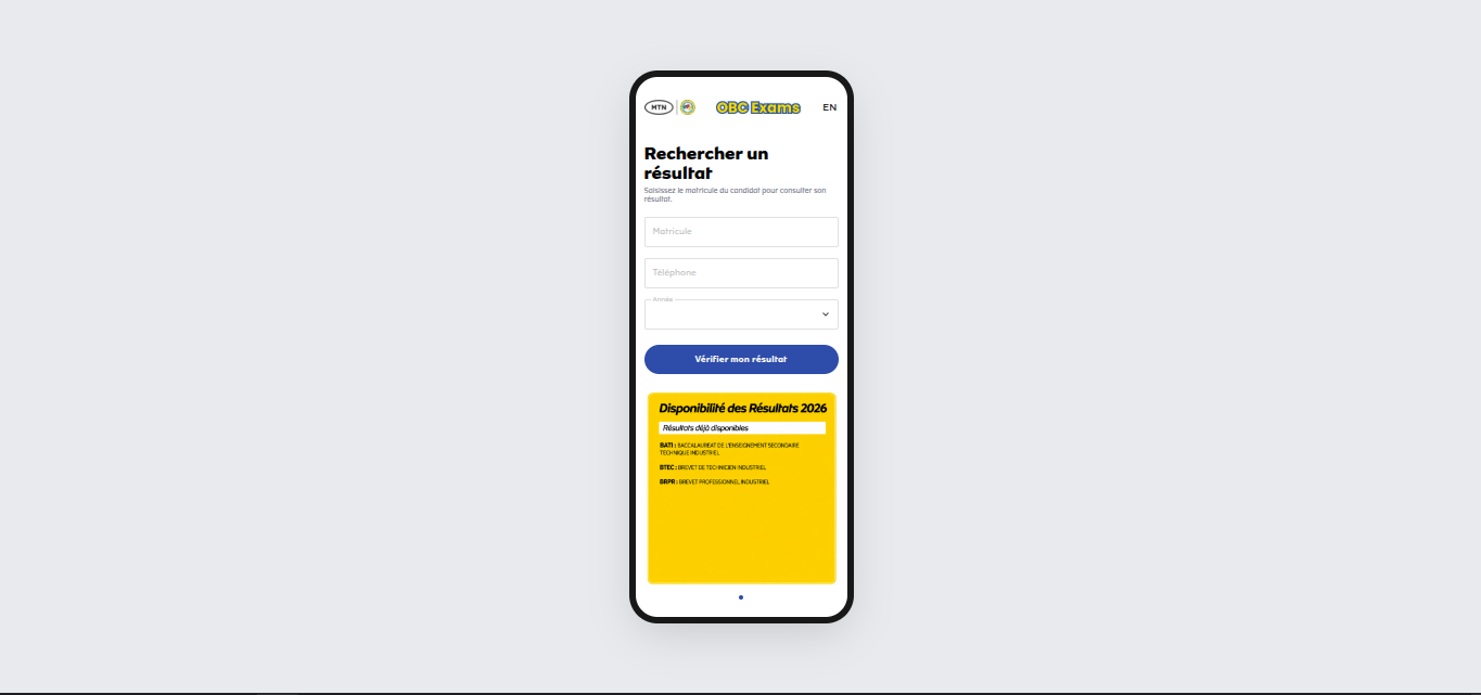 Résultats OBC en ligne : après la disparition d'Ayoba, MTN Cameroun lance le portail ONE 62 Capture d’écran du portail ONE de MTN Cameroun avec le formulaire de recherche des résultats OBC en ligne