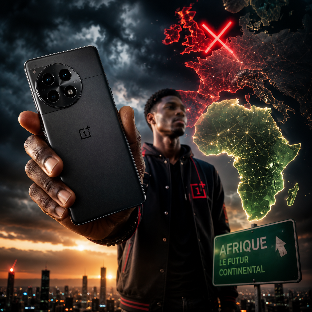 OnePlus quitte l'Europe : pourquoi la marque s'efface et ce que cela change pour l'Afrique 62 Illustration réaliste montrant un smartphone OnePlus au premier plan devant une carte de l'Europe et de l'Afrique, symbolisant le retrait de la marque des marchés européen et nord-américain et ses conséquences pour le marché africain des smartphones.