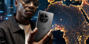 Jeune utilisateur africain tenant un smartphone OnePlus devant une carte stylisée de l'Europe et de l'Afrique, illustrant le retrait de la marque des marchés européens et nord-américains et ses conséquences pour l'Afrique.